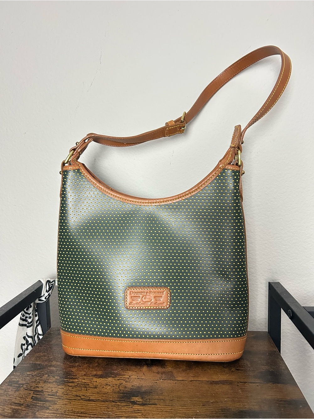 Dooney & Bourke Olive Green Bucket Shoulder Bag with Tan Trim
